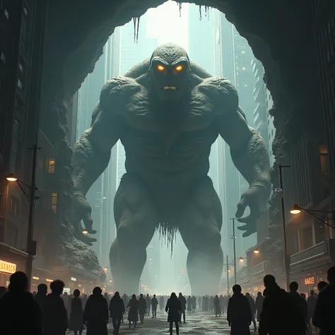  A giant emerging from the depths of a cave in the middle of a modern city, with skyscrapers all around and horrified people watching .