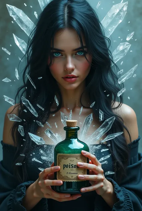   artistic photo ,REALISTIC, with an explosion of crystal fragments.Of a woman with black hair , blue eyes , with a poison potion in her hands .  On the potion I would like the inscription poison 