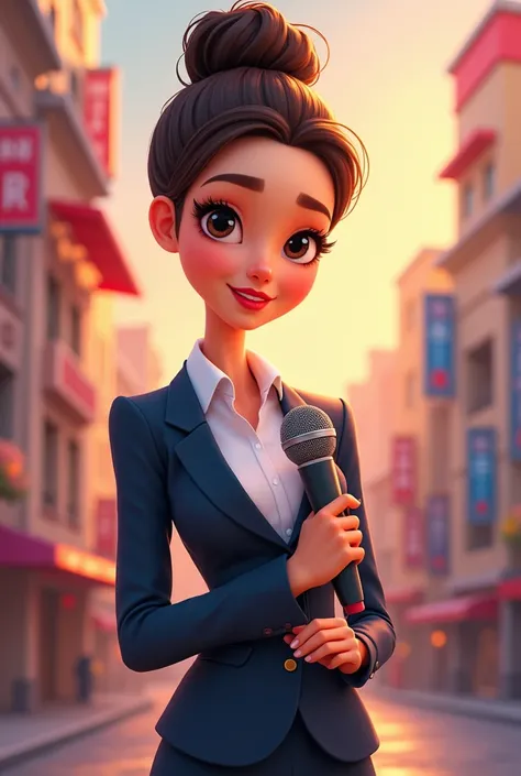 thin white woman, with tied up hair, reporter, using a microphone, pixar style.