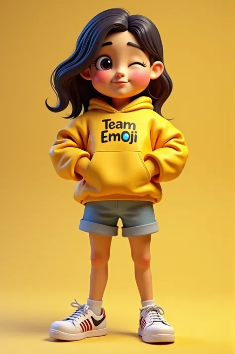 Sud realistic image of the poking out and winking emoji😜 , características  de adolescente Completo de pies a cabeza Yellow in color cachetes Colorado, Yellow in color,  Good Clothes with a letter on the shirt that says  (Team Emoji )