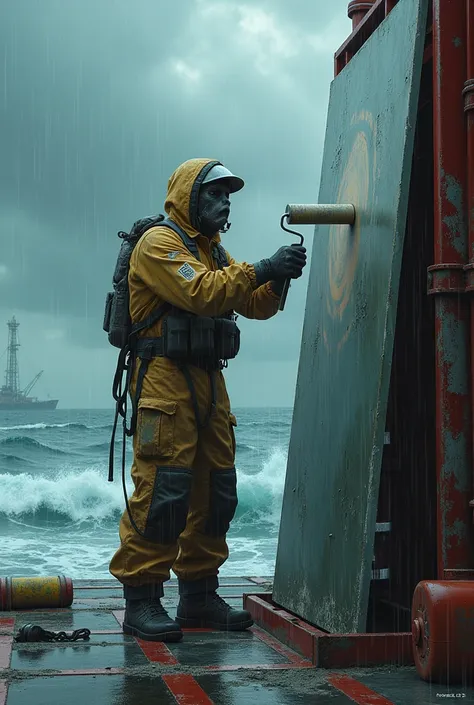 offshore coverall painter grim ripper, hold big painting roller , platform with full mask, painting , bad weather ,full team