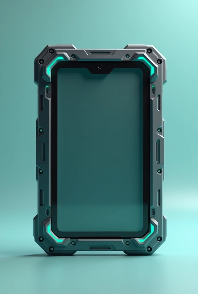 frame of a tablet with turquoise futuristic buttons. the empty screen ,  the frame in the foreground , head on