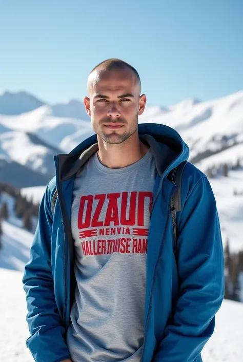  A man, 23 years old, bald, White, Athletic Physique, In a snowy landscape , In Sweden ,  probably at a ski resort ,  given the background with snow-covered hills and clear blue sky .  The person is wearing a gray t-shirt with red text and graphics,  parti...