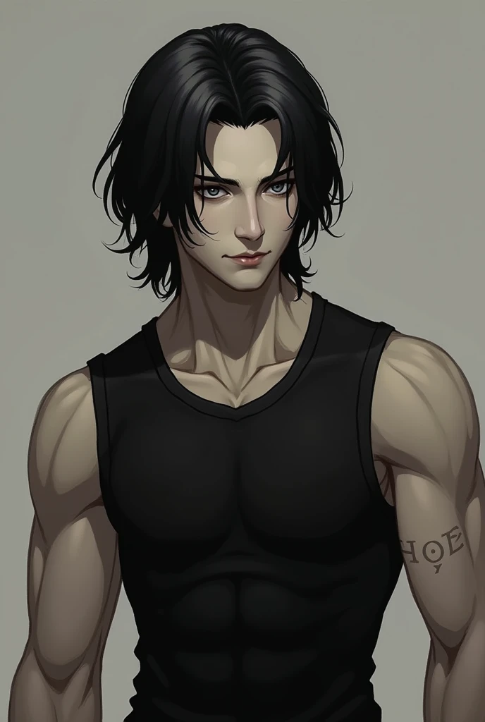 tall man 1,90% strong deep gray eyes pale skin angular face well-defined jaw high cheekbones straight and proportional nose shoulder length black hair slightly wavy small scars on the body black clothes sleeveless shirt