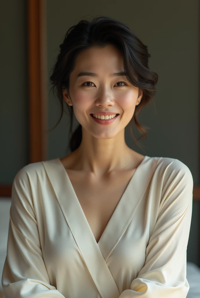 A skinny and mature middle aged Korean woman in 50s laying on blanket, confident expression, exuding superiority and experience the age has given to her, minimalistic yet elegant dress, indoor setting, ultra-sharp, best quality, 4k, ultra-realistic, film g...