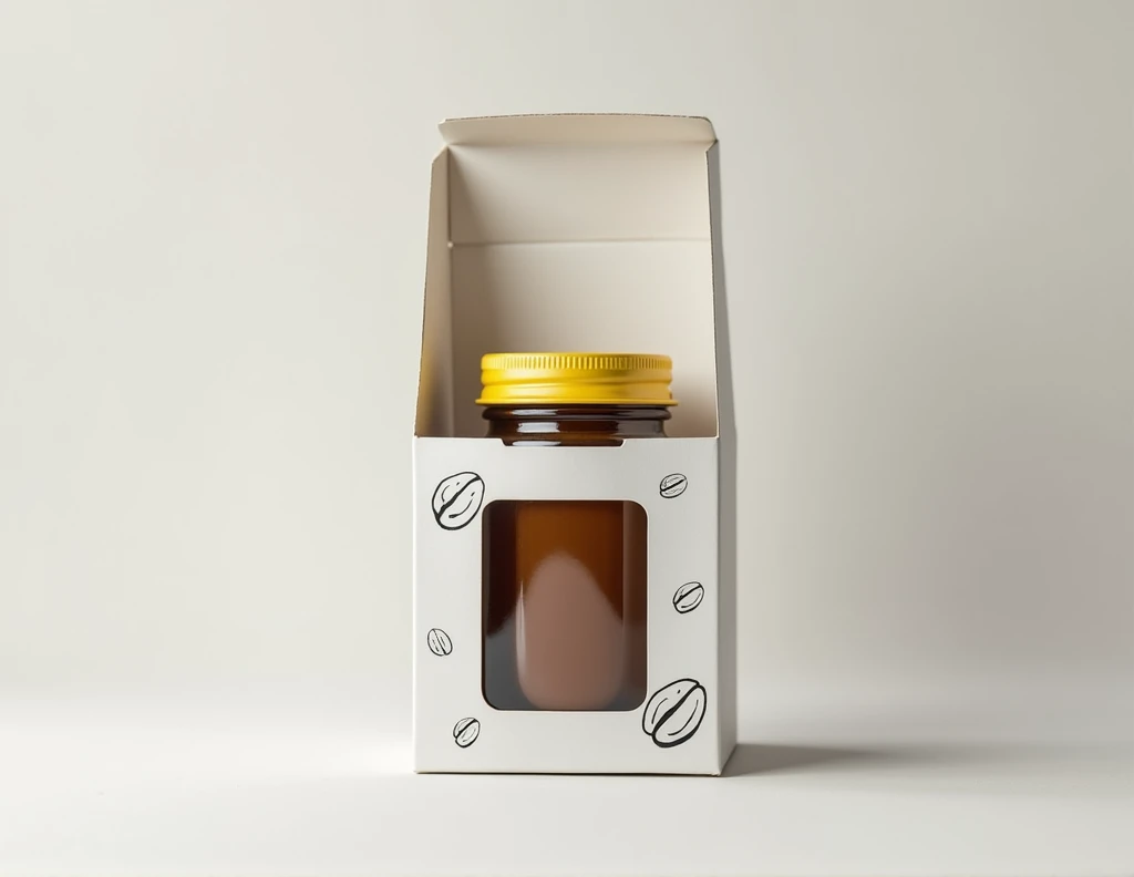  a white cardboard box with a plastic window inside has a coffee bottle in a Mason jar with a yellow lid, modern premium packaging with coffee bean doodle designs ,  studio photo