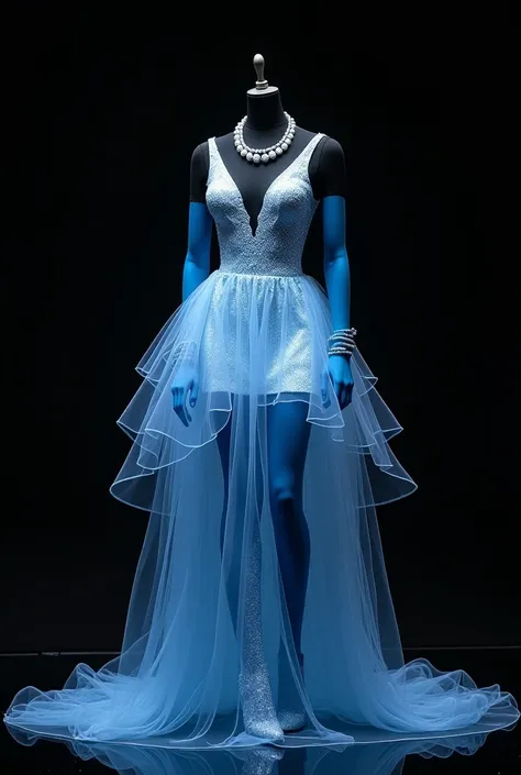  On the black glass floor with a black background and black mannequin.  Make a short dress and hope it falls with glowing liquid butter.  Make a beautiful and elegant pose .  Mannequin with extra long glitter wig with luxurious hairstyle .  Light blue thin...