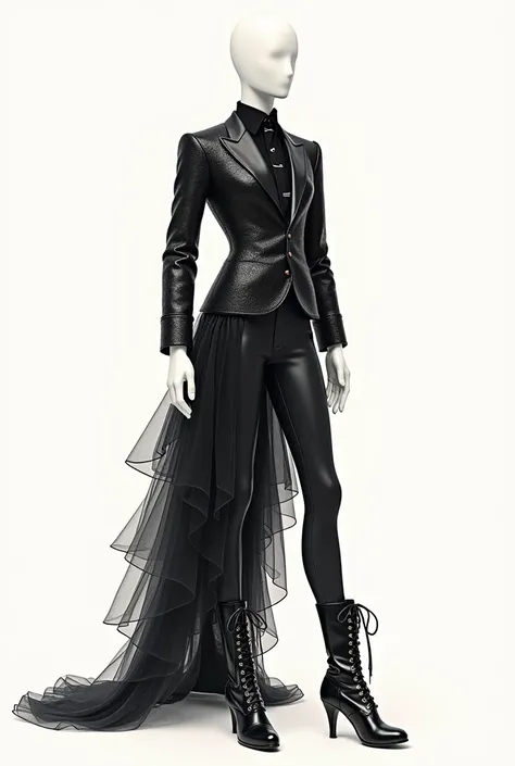 ( Masterpiece,  best quality ,  High resolution: 1.4) manikin. Drawing,  Detailed ,  intricate details, 4k, touch of color, Line art, high detail. black wedding dress . She wears a unique outfit that combines a dress with a suit, with very tight black pant...