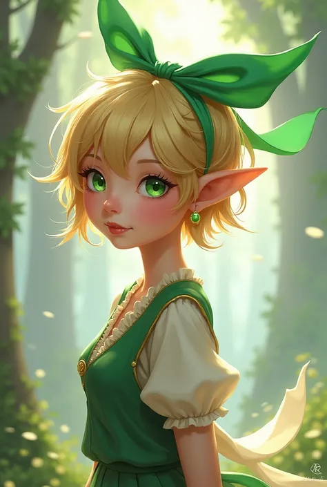 Chara design Aelina short hair blond green eyes and a bow masters the magic of the wind