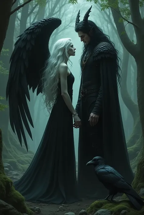 Pale white witch with long wavy black hair green eyes black dress with tall man strong long black hair with black wings and horn in the forest at night with a raven