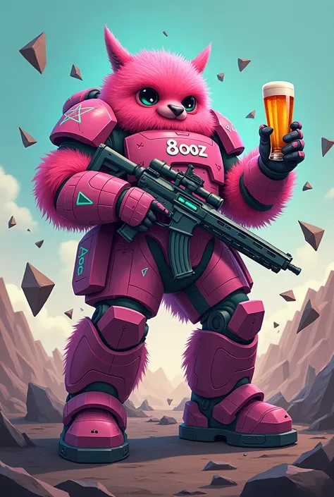 A fluffy pink soldier with a beer in his hand and a gun in other hand, featuring geometric shapes like triangles and polygons. The soldier is in action, with glowing accents and a dynamic pose and seat on a throne. The background is a war-torn, apocalyptic...