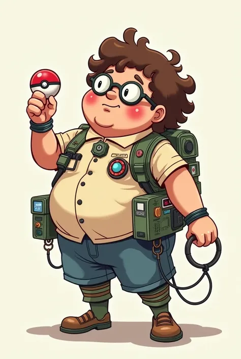  A drawing of a chubby , Of glasses and devices , Curly brown hair holding a Pokébola pointing up