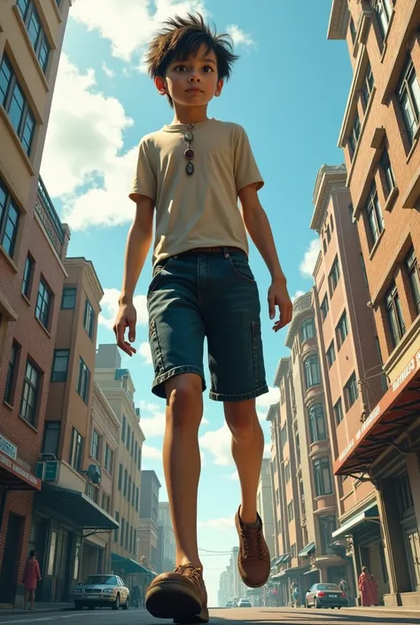 A 15-foot-tall giaht young boy, city street a low angle, looking up at the boy, one of his feet will look like its stepping forward towards and over the camera.