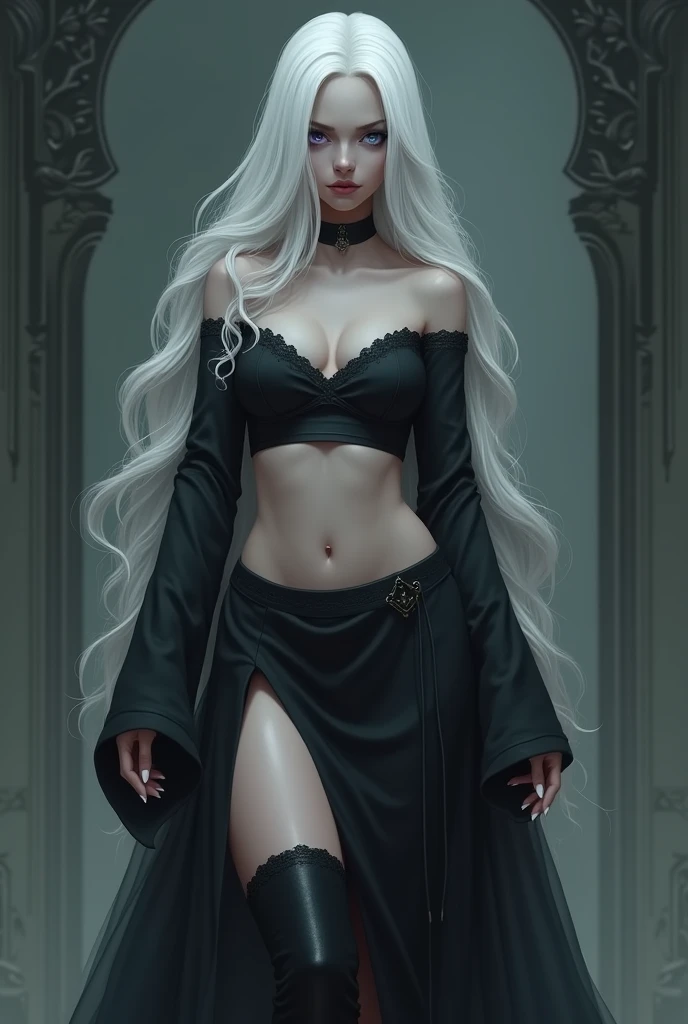 a woman with natural platinum blonde hair that went up to the knee, Two-tone eyes left greyish blue right lilac and her body was a big butt and breast and a thin waist and a flat belly her skin is whiter than snow, She wore a black skirt, an equally black ...