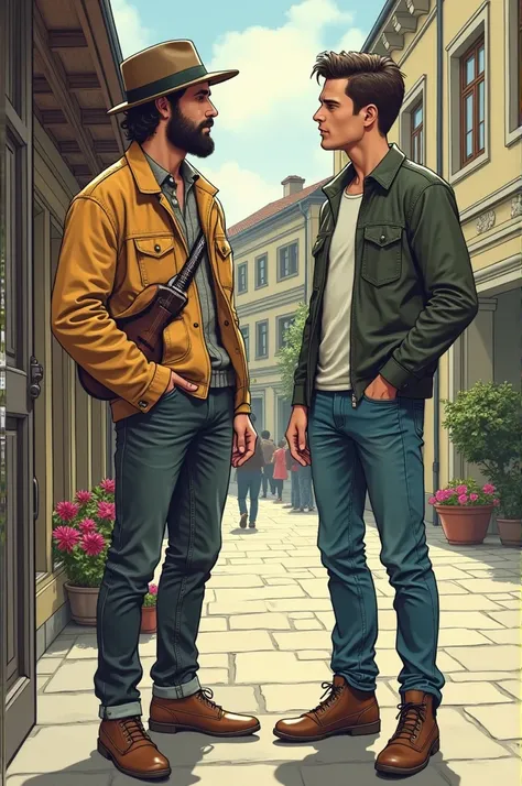 I need an image for the background of a comic, without dialogues, just images, the image has to contain two men talking, the character one has to have the following characteristics: young man of 30 years old, from Switzerland but with eighties clothing, it...