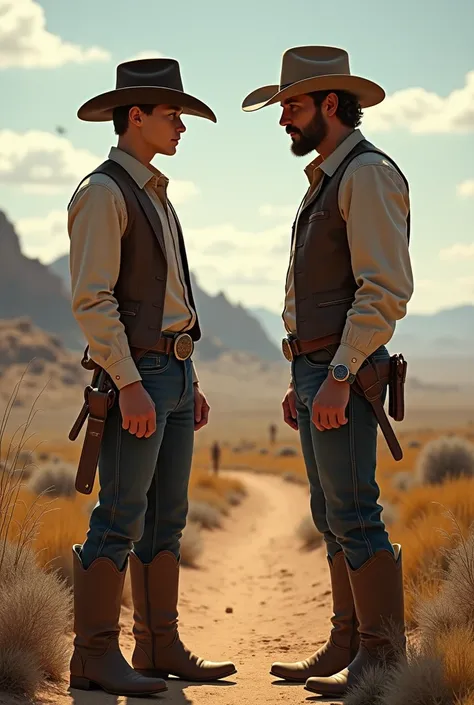 YOUNG COWBOY TALKS TO ADULT COWBOY 