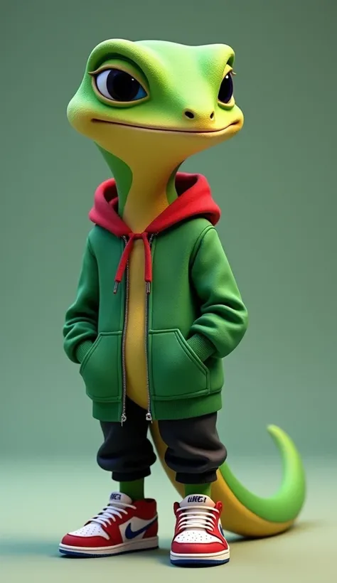  Anthropomorphic gecko wearing green hoodie with red hoodie.  Green skin and yellow chin neck .  He wears Nike Air Jordan sneakers red col white ,  black pants . Long skirt with blue details ,  Blue Eyes. 3d pixar style