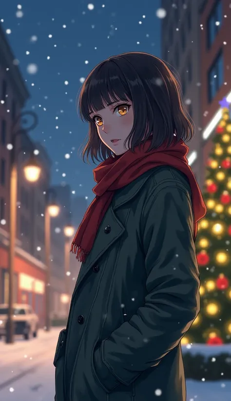 A realistic depiction of a Japanese high school student, shown full-body, with an expression of longing as they think about their crush. The background features a Christmas tree and a snowy Christmas night in the city.
whole body,