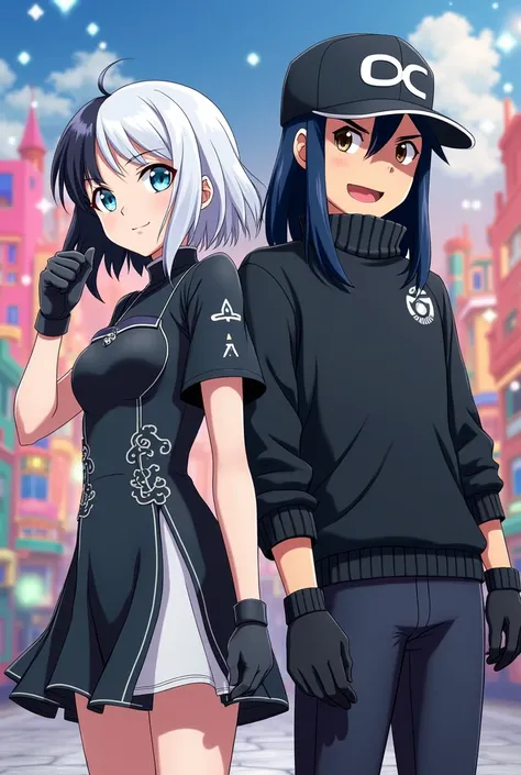  Kurumi tokisaki with a Pokémon trainer wearing a black sweater,  black gloves, black cap with white and white hair and black pants ,
Anime graphics 