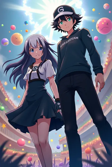  Kurumi Tokisaki with a Pokémon trainer wearing a black sweater,  black gloves, black cap with white and white hair and black pants ,
Anime graphics 