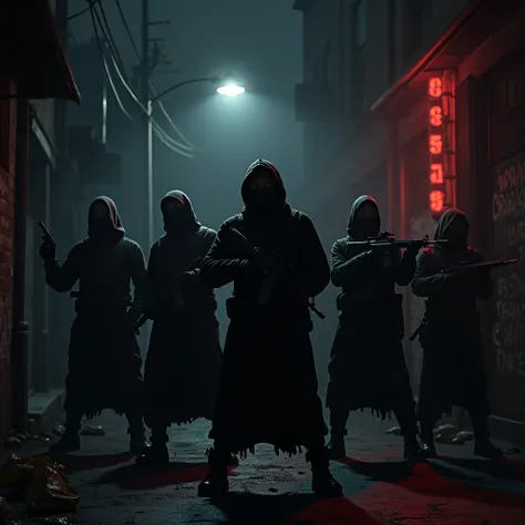 Gangs in masks with guns in a dark street with one steet lamp And some red lighting 