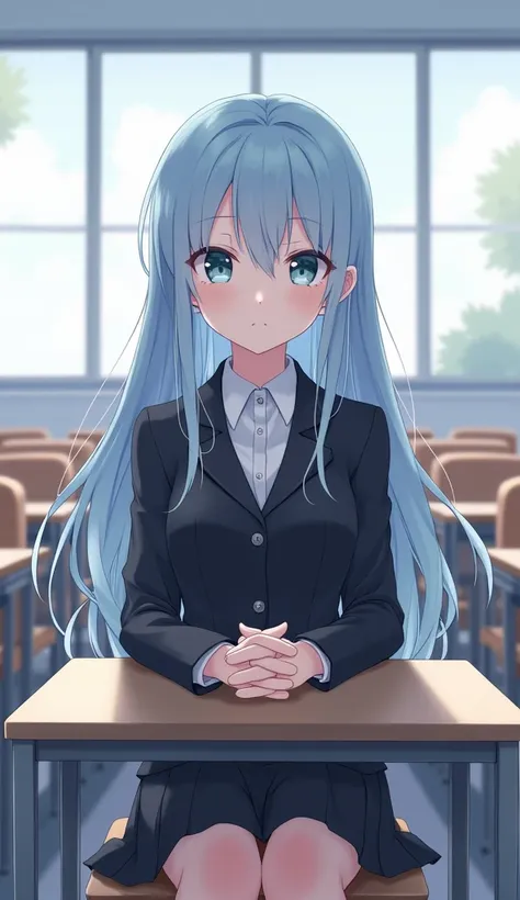 1girl, long light blue hair, dark blue, sit in class, black school modern uniform, anime