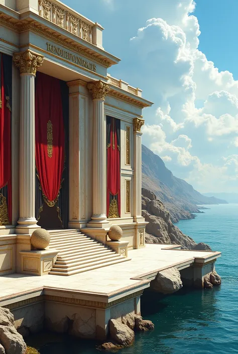 star wars royal residence in neoclassical style, with a terrace overlooking the sea on a sunny day, surrounded by marble columns and red and black banners