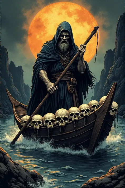 Create a biker vest patch with the image of Carionte driving the boat on the river and 7 skulls hanging from the boat