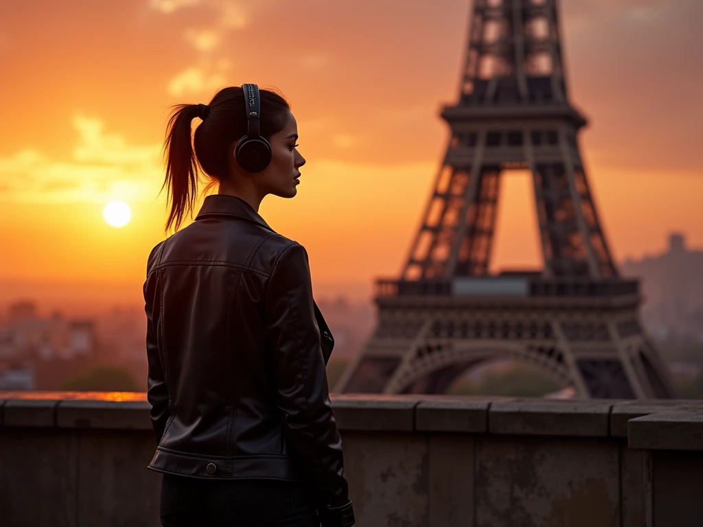 Woman close-up with black with headphones ,leather jacket , black pants , sunset sitting on a terrace and watching the Eiffel Tower