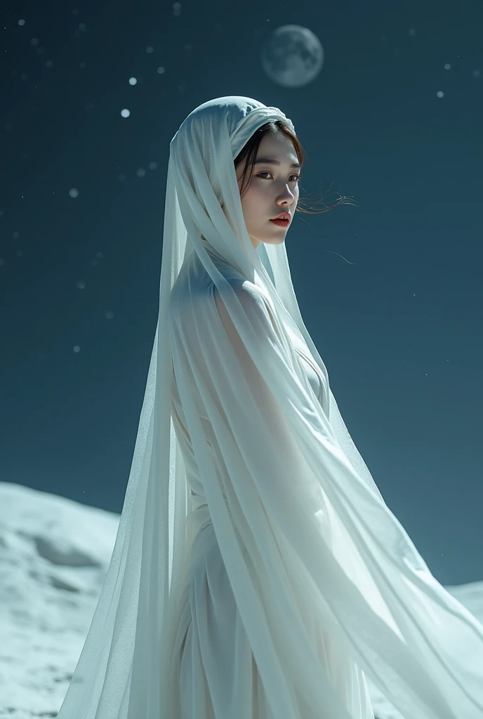 Beautiful Asian girl, on the Moon , white hooded dress ,Conceptual photo ,at night, leader of the group  