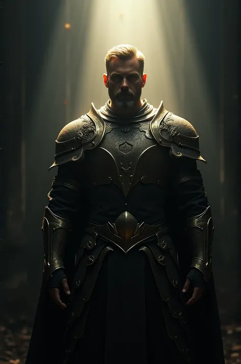 A man in armor illuminated by a space of light and surrounded by darkness