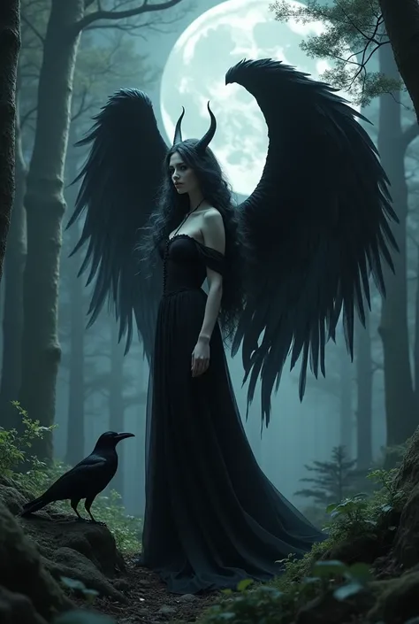 Strong tall white witch with long black hair with flowing curls black dress with tall strong man long black hair with black wings and horns in the dark forest at night with a raven