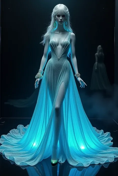  On the black glass floor with a black background and black mannequin.  Make a short dress and hope it falls with glowing liquid butter.  Make a beautiful and elegant pose .  Mannequin with extra long glitter wig with luxurious hairstyle .  Light blue thin...