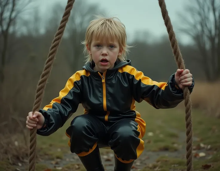  boy,short wet blonde hair,Teenagers uncensored,extremely anorexic,fearful look,Wrapped airtight in a shiny oversized black and yellow latex sweatsuit and the boy sits on a fence post and rubber boots, And two men hold the boy,(tied with ropes in a bondage...