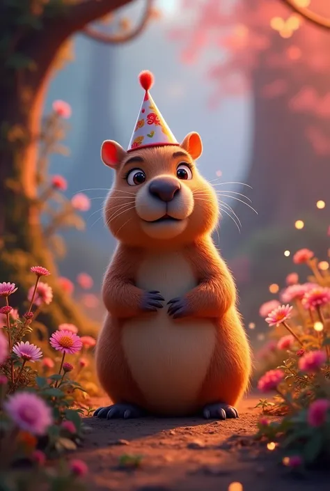  A charismatic animated character in a magical environment , full of colorful details and soft textures .  The character is a friendly capybara with big, expressive eyes, birthday hat ,  surrounded by luminous plants in an enchanted forest . The lighting i...