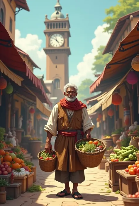 A clock in the background and the male merchant bringing exactly what he needed to the market, waste-free .
