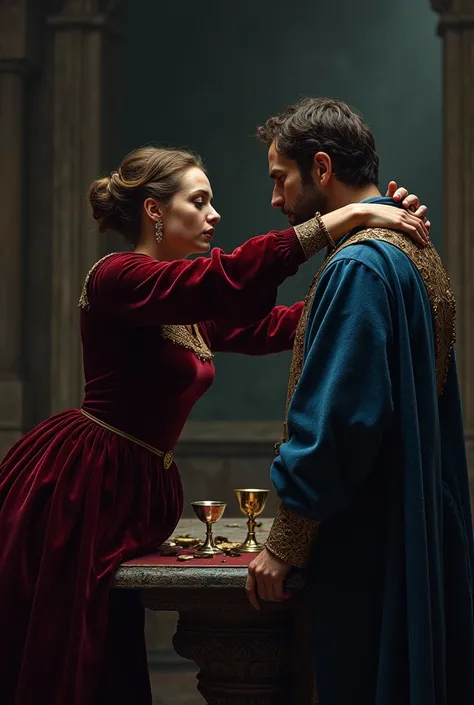  A dramatic interior of a castle in the dark ,  with Joan standing in front of Philip the Handsome . She,  wearing a dark red velvet dress ,  extending an arm to him in desperation ,  her face full of jealousy and pain . Felipe,  dressed in an elegant blue...