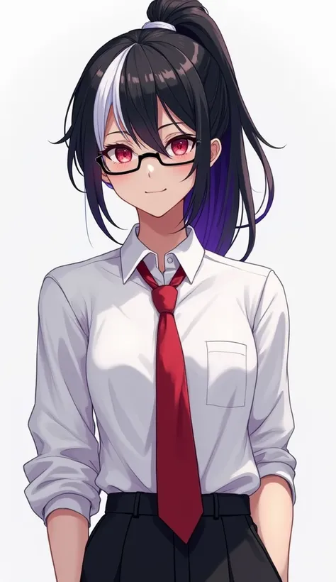  A 19-year-old male teenager ,androgynous body, DEEP RED EYES ,black skin, long black hair Bicolor and white tied in the shape of a ponytail with purple tips, He wears a white shirt with a slightly messy red tie and black pants ,black glasses, Anime drawin...