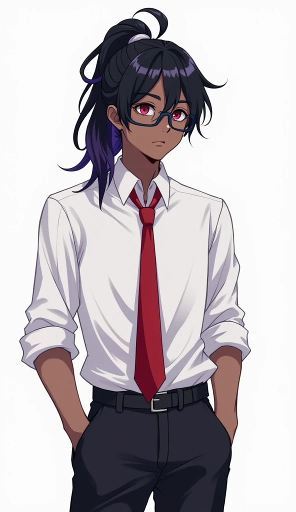  A 19-year-old male teenager ,androgynous body, DEEP RED EYES ,black skin, long black hair Bicolor and white tied in the shape of a ponytail with purple tips, He wears a white shirt with a slightly messy red tie and black pants ,black glasses, Anime drawin...