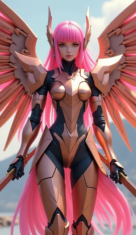 Robotic girl with rose gold colored armor, Partial body Armor, rose gold Wings, with neon pink hair, special details on the arms, two swords on the coast, golden rings scenario