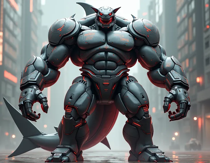 synth head, synth (species), synth_(vader-san), cyber synth-shark hybrid anthro, bara, muscular, barazoku, bara body type, huge pecs, detailed muscles, very muscular, huge arms, defined muscles, thick thighs, shark tail, accurate anatomy, gray and red colo...