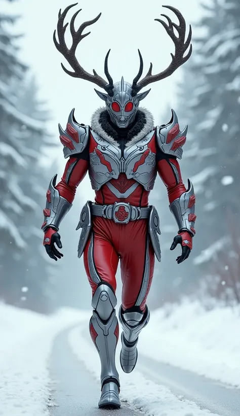 A reindeer-themed Kamen Rider. He wears a silver mask with intricate horns on the helmet and a red and white leather suit.