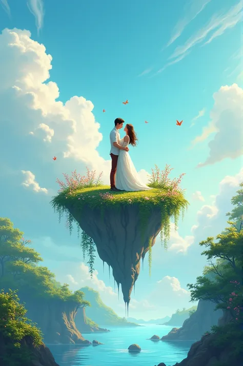 Young newlyweds on a floating island 