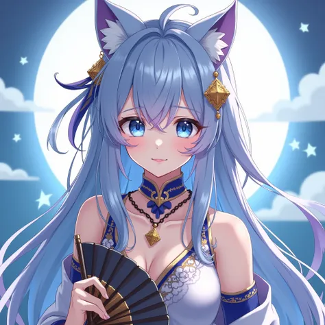 Neko anime girl with long loose blue hair WITHOUT STRANDS TIED with the ends in lilac,  predominant lighting color in blue and gold earrings holding a fan, a character portrait inspired by Hisui Sugiura , pixiv, shin hanga, Ayaka Genshin impact, keqing do ...