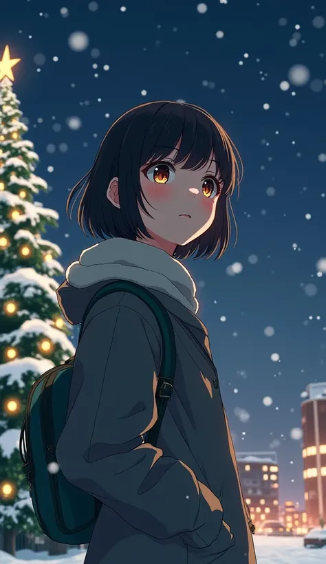 whole body,
A realistic depiction of a Japanese high school girl, with an expression of longing as she thinks about her crush. The background features a Christmas tree and a snowy Christmas night in the city.