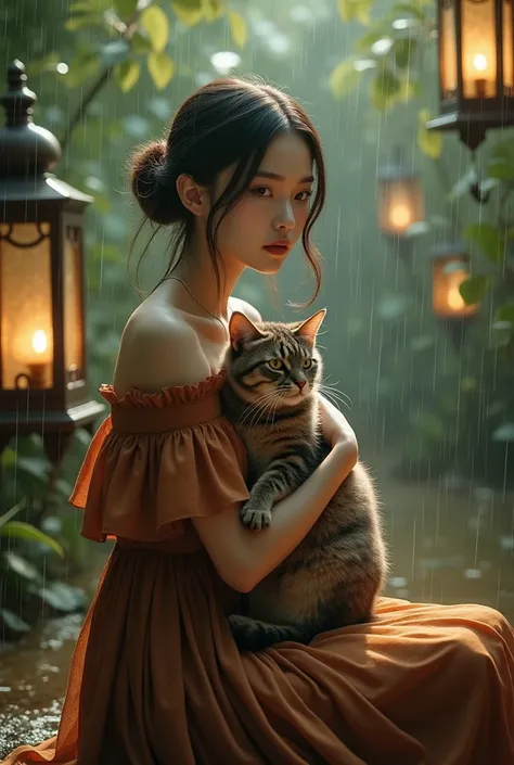 (Arrière-plan CG Unity 8k très détaillé), belle jeune femme vêtu  de robe marron, sous la pluie, serrant étroitement son chat, peignoir, assise, jardin avec lanternes, style empire, (motif de verre), (((Surréalisme))), photo de corps entier, superbe , rétr...