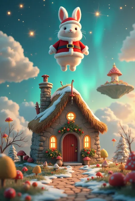  above and below a fantasy world house、Santa Claus the cute rabbit 