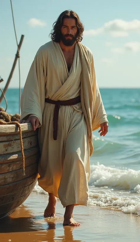 "Create a realistic and serene image of Jesus Christ at the edge of the sea, stepping into Peters boat. Jesus is dressed in traditional robes, with a gentle and calm expression on His face. Peters boat is depicted near the shoreline, slightly worn and wood...