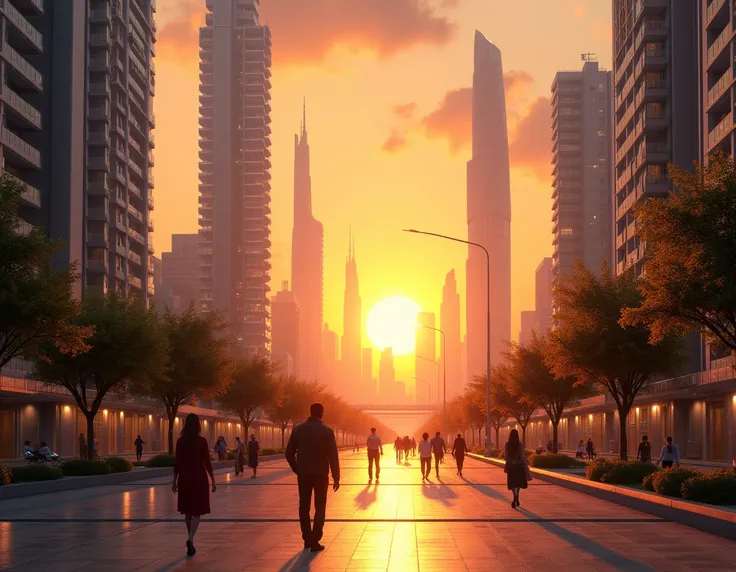 A futuristic city on Earth during sunset, with golden sunlight reflecting off sleek skyscrapers, humans walking in harmony, a peaceful and advanced society.