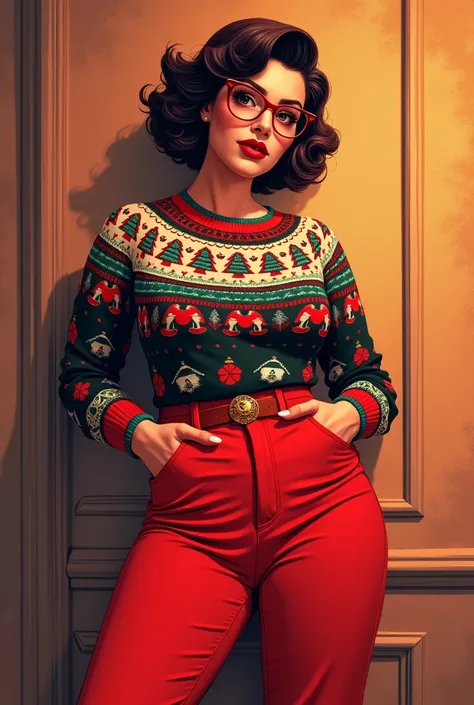 handsome latin plus size woman, curly short with multicolor highlights, glasses, dressing a Christmas sweater a red pants, 50s editorial color illustration